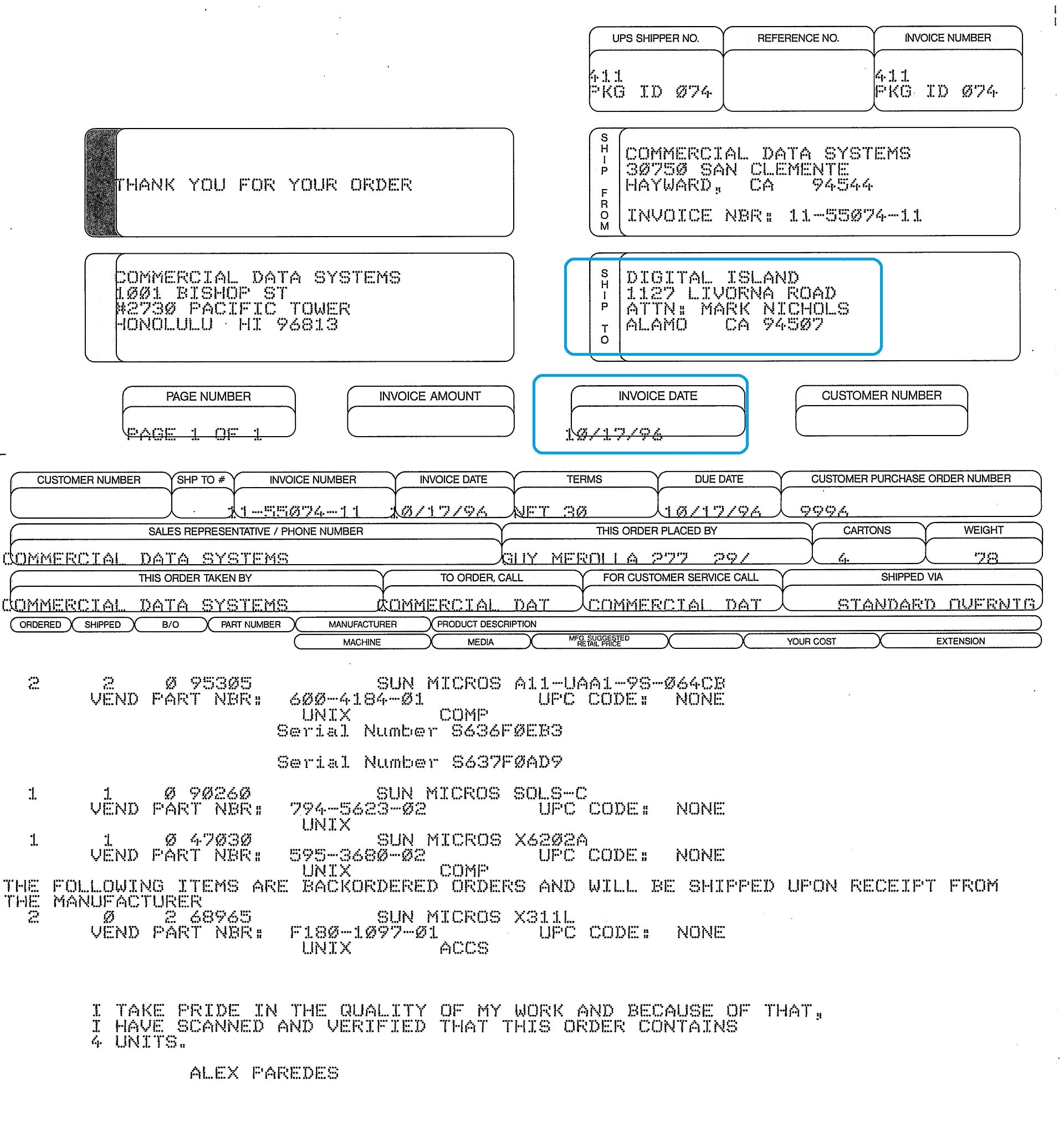 Commercial Data Systems invoice 11-55074-11 of October 17, 1996 to Digital Island, attention Mark Nichols, Alamo, California, for two Sun Microsystems units of part number 600-4184-01 and accessories, Exhibit 7