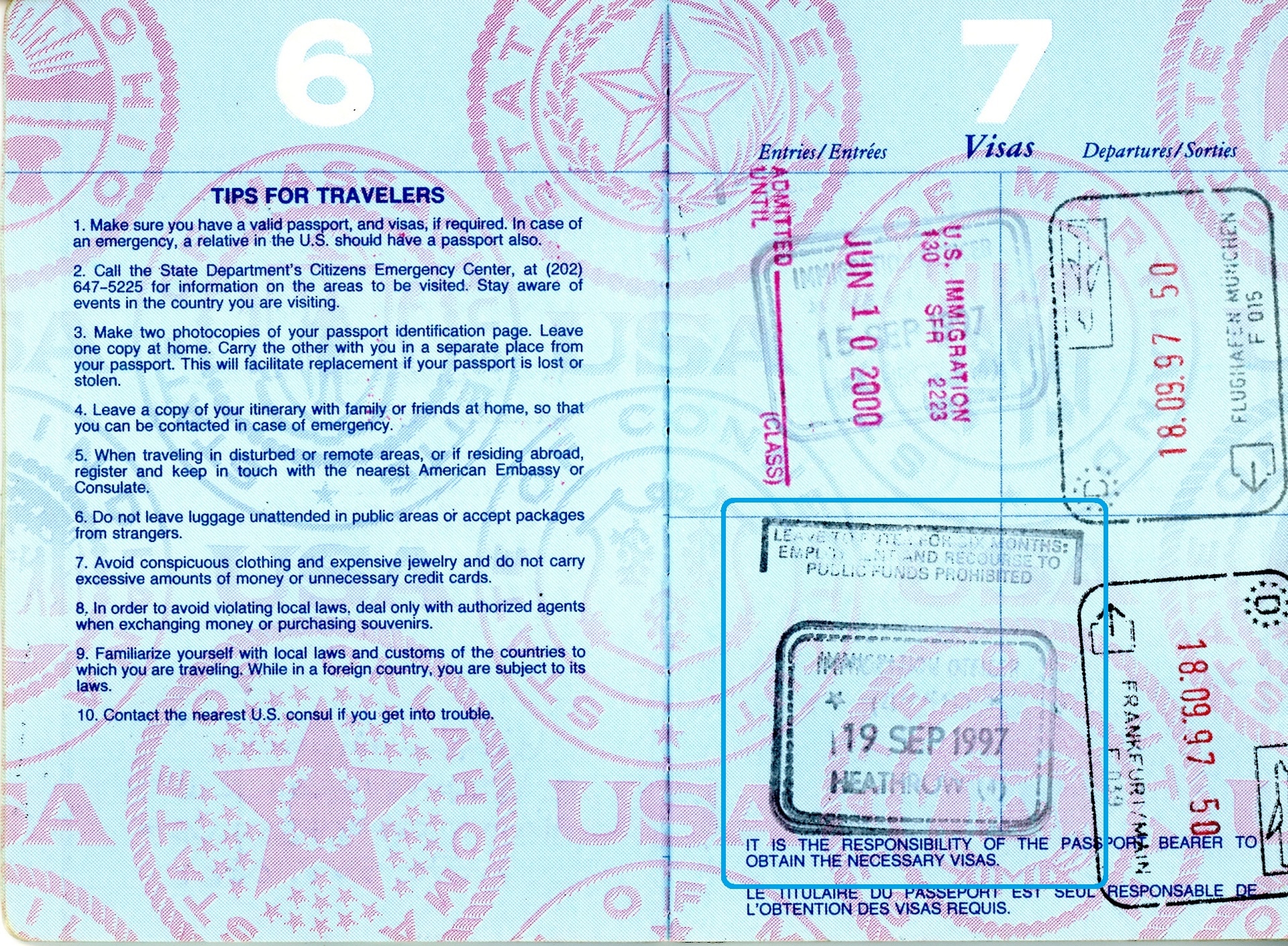 Passport pages 6–7 with September 1997 entry stamps for Munich and Frankfurt, Germany, a September 19, 1997 London Heathrow entry, and U.S. re-entry stamps at San Francisco.
