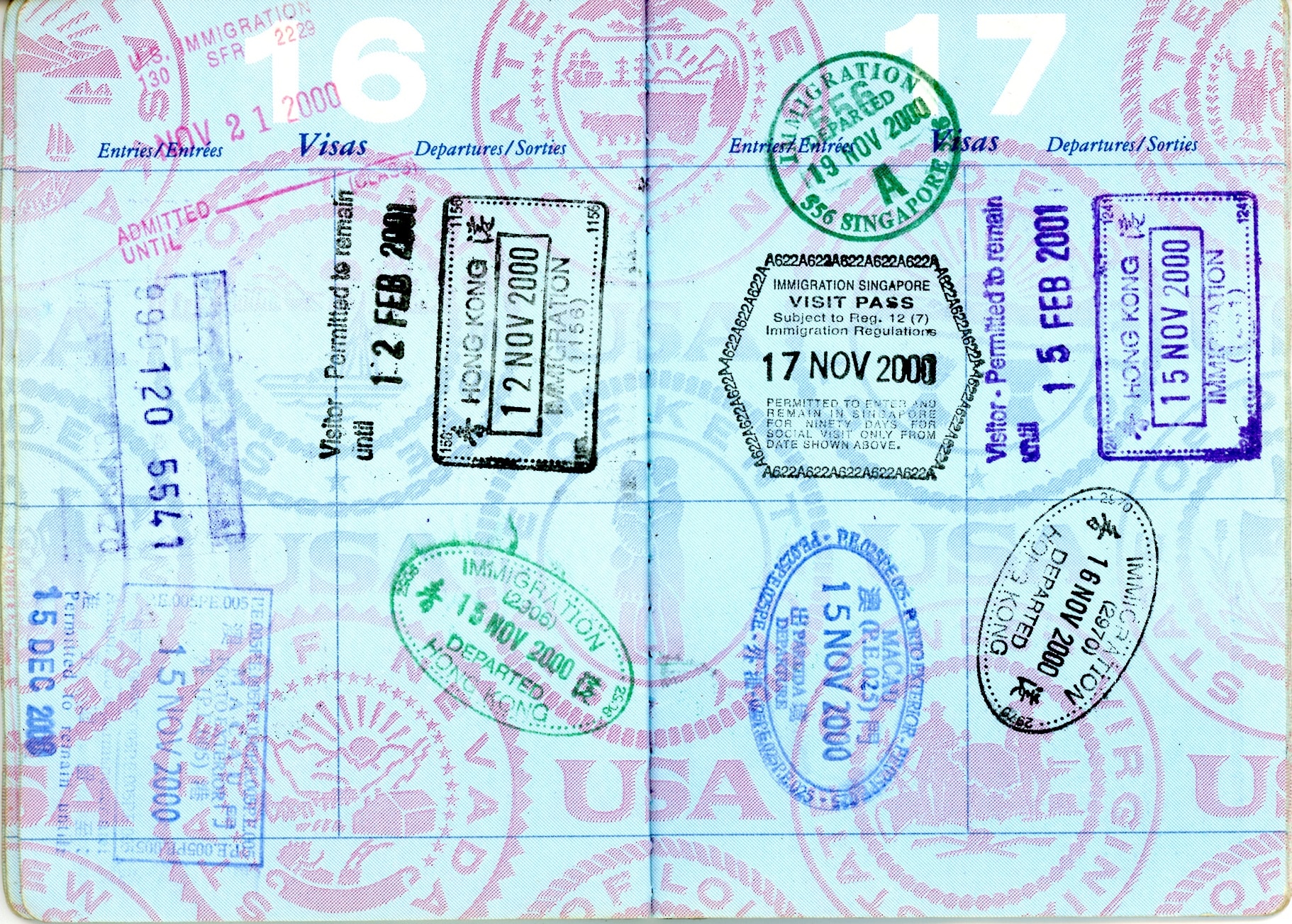 Passport pages 16–17 with November 2000 stamps for Hong Kong, Macau, and Singapore, and U.S. re-entry November 21, 2000.