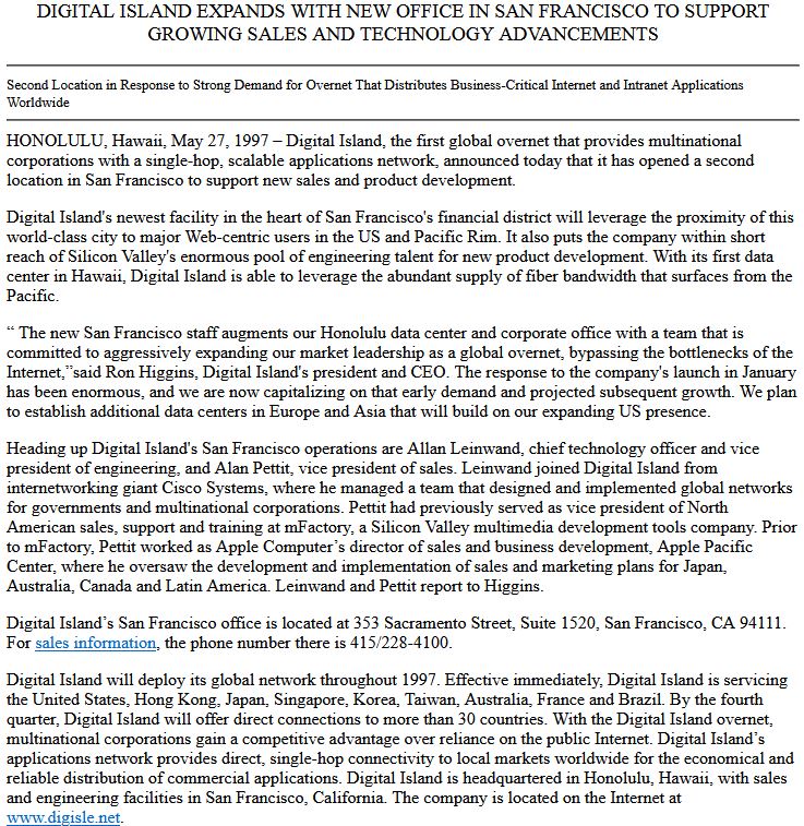 Digital Island announcement regarding the centralized operations and headquarters. Overseen by Mark Nichols.