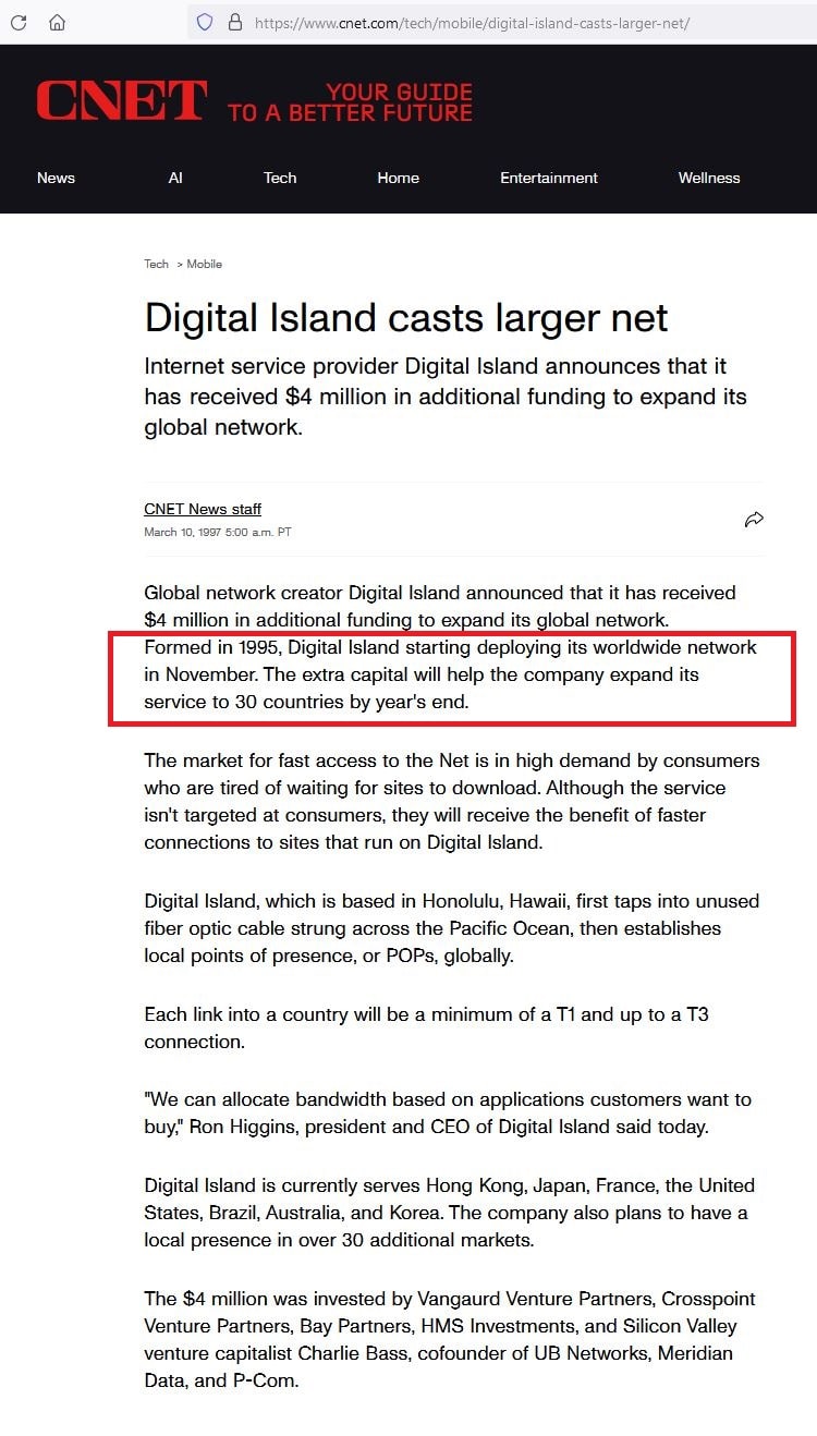 CNET News.com story Digital Island casts larger net of March 10, 1997, with the paragraph beginning Formed in 1995 outlined in red, Exhibit 14