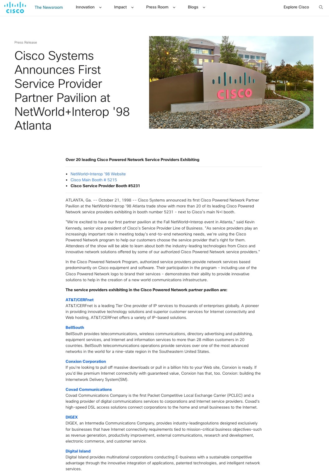 Cisco Newsroom press release dated January 20 1998, Digital Island Cisco Powered Network Leverages Cisco IOS Software with First Internet Applications Engine for Electronic Commerce, describing Digital Island as the first global overnet with performance guarantees unavailable through the public Internet