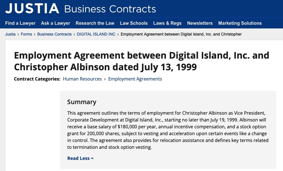 Justia record of the employment agreement between Digital Island and Christopher Albinson dated July 13 1999