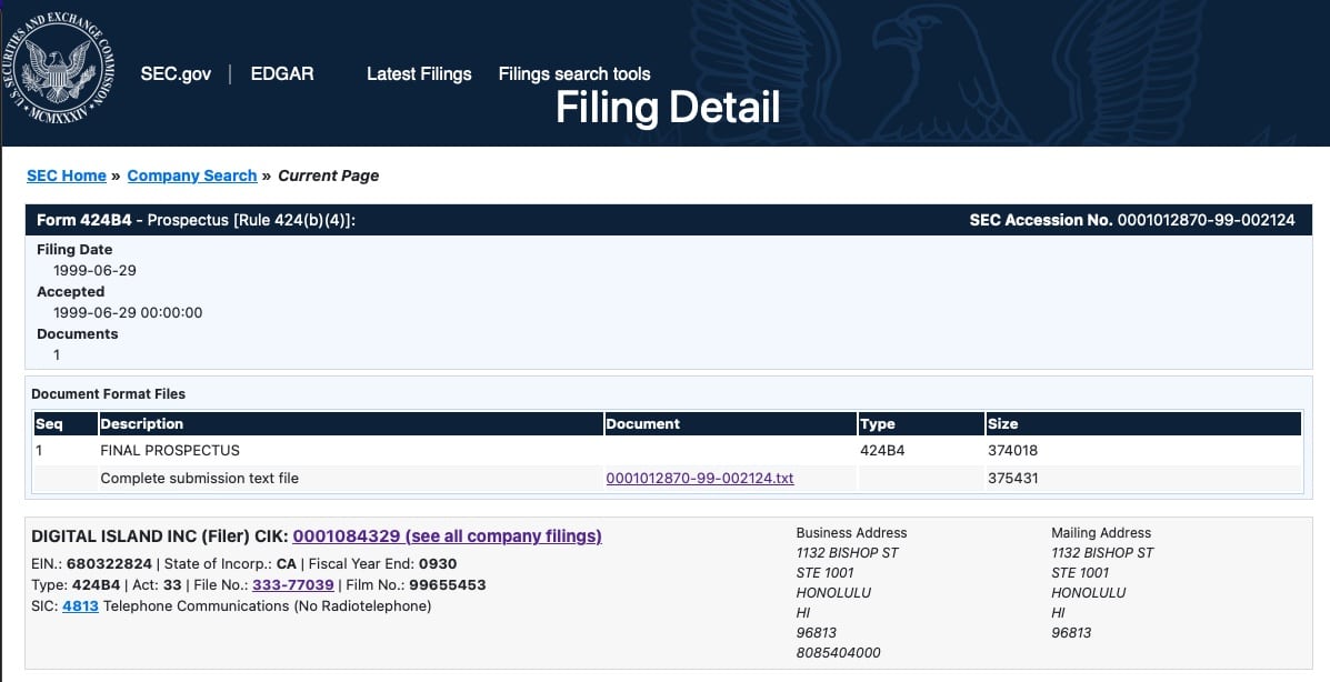 SEC EDGAR filing detail for Digital Island Form 424B4 final prospectus filed June 29 1999, business address Honolulu
