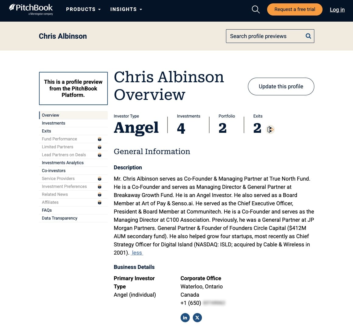 Chris Albinson PitchBook investor profile repeating the four-startups Digital Island claim