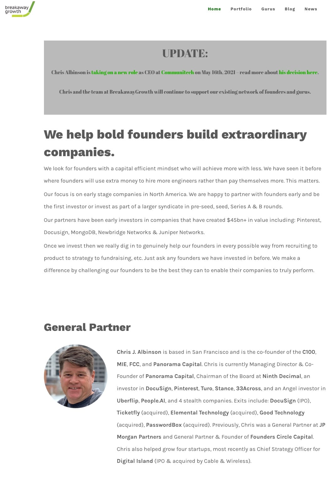 Chris Albinson BreakawayGrowth bio stating he helped grow four startups including Digital Island, published December 11 2018