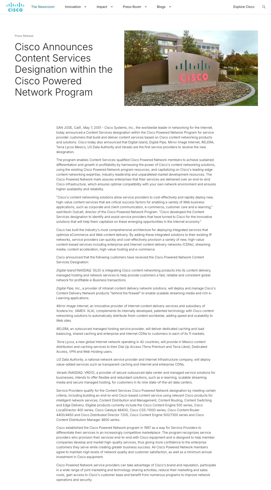 Cisco press release dated May 7, 2001, announcing the Content Services designation within the Cisco Powered Network Program, naming Digital Island first among the initial seven recipients.