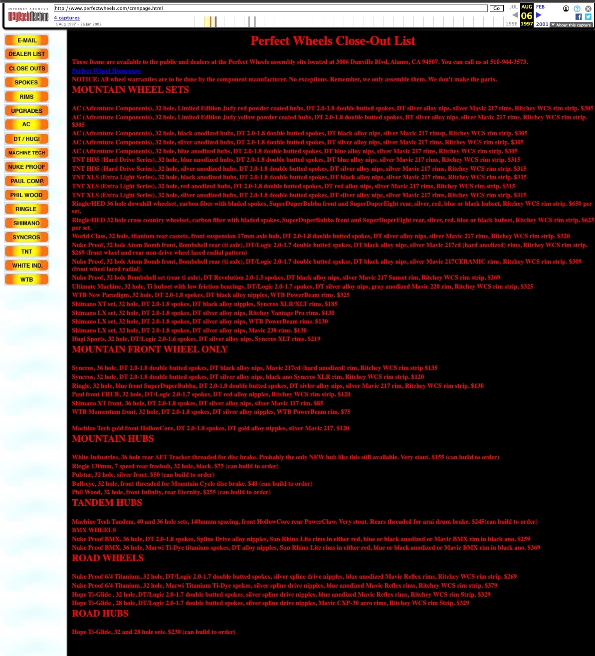 Archived perfectwheels.com close-out price list from 1997 showing prebuilt race wheelsets priced from $40 to $650, Mavic rims and DT spokes throughout
