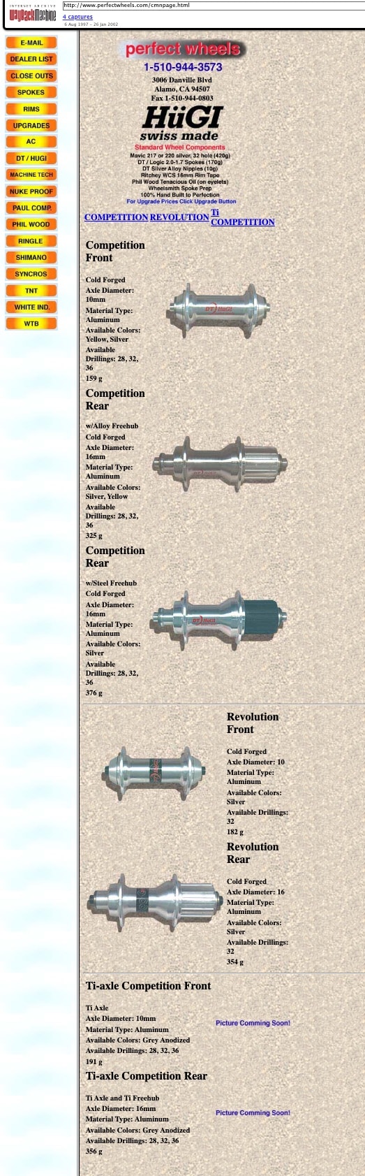 Archived perfectwheels.com Hugi hub catalog page from 1997, the DT Swiss hub line selling through PerfectWheels before DT launched its own prebuilt race wheels