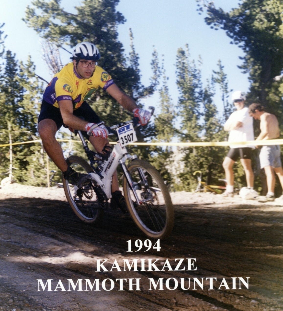 Mark Nichols racing the 1994 Kamikaze downhill at Mammoth Mountain on an 18-inch frame, race number 3507, his first race ever