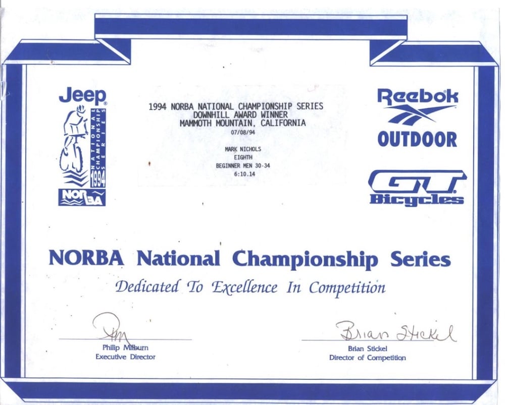 1994 NORBA National Championship Series downhill award certificate: Mark Nichols, eighth place, Beginner Men 30-34, 6:10.14, Mammoth Mountain, July 8 1994