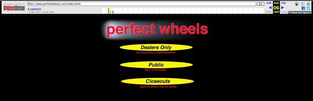 Internet Archive Wayback Machine capture of perfectwheels.com from April 15, 1997, with the archive toolbar showing capture dates