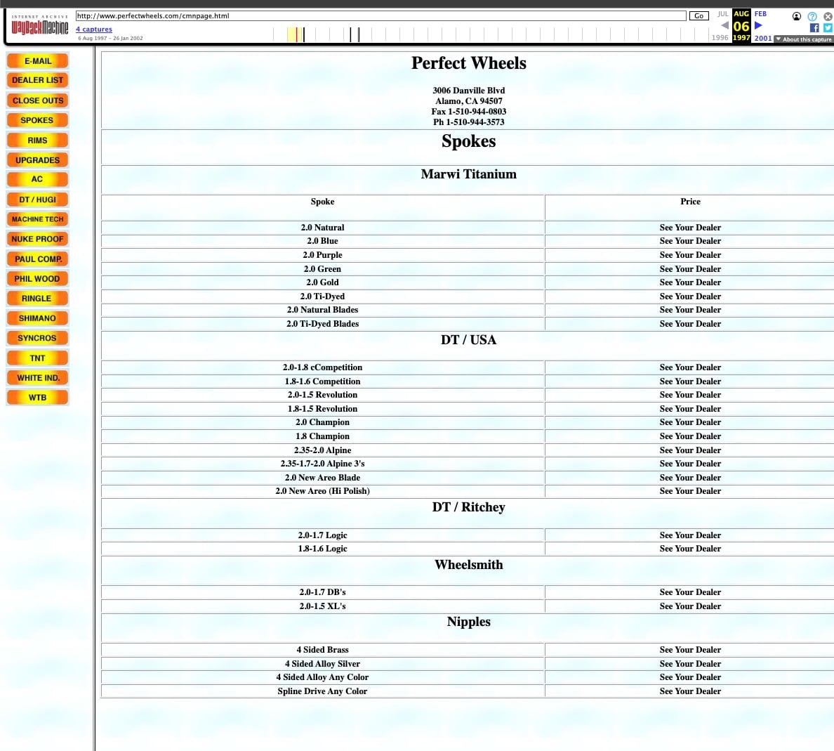 Archived perfectwheels.com spoke, nipple, and rim upgrade page from 1997 with order instructions to call or fax, one-day custom build turnaround
