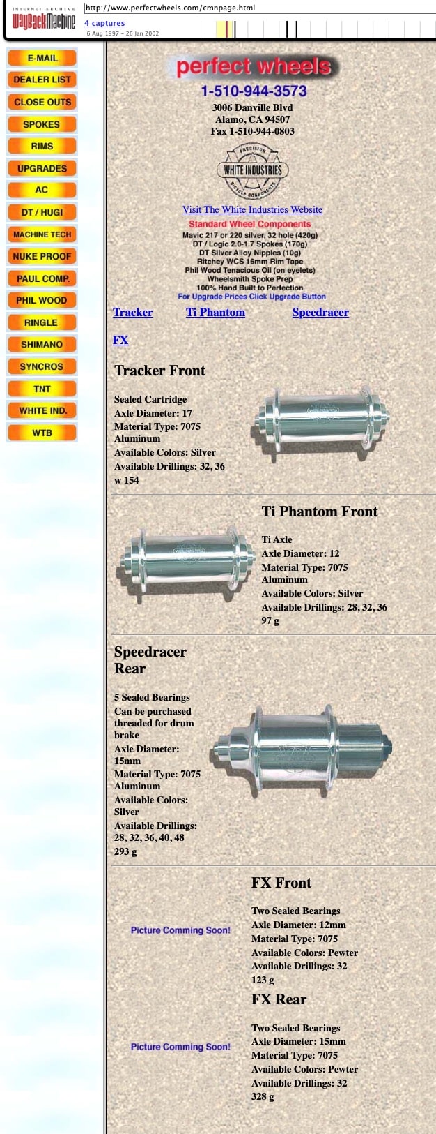 Archived perfectwheels.com White Industries hub catalog page from 1997: Tracker, Ti Phantom, Speedracer, and FX hubs with weights and specs