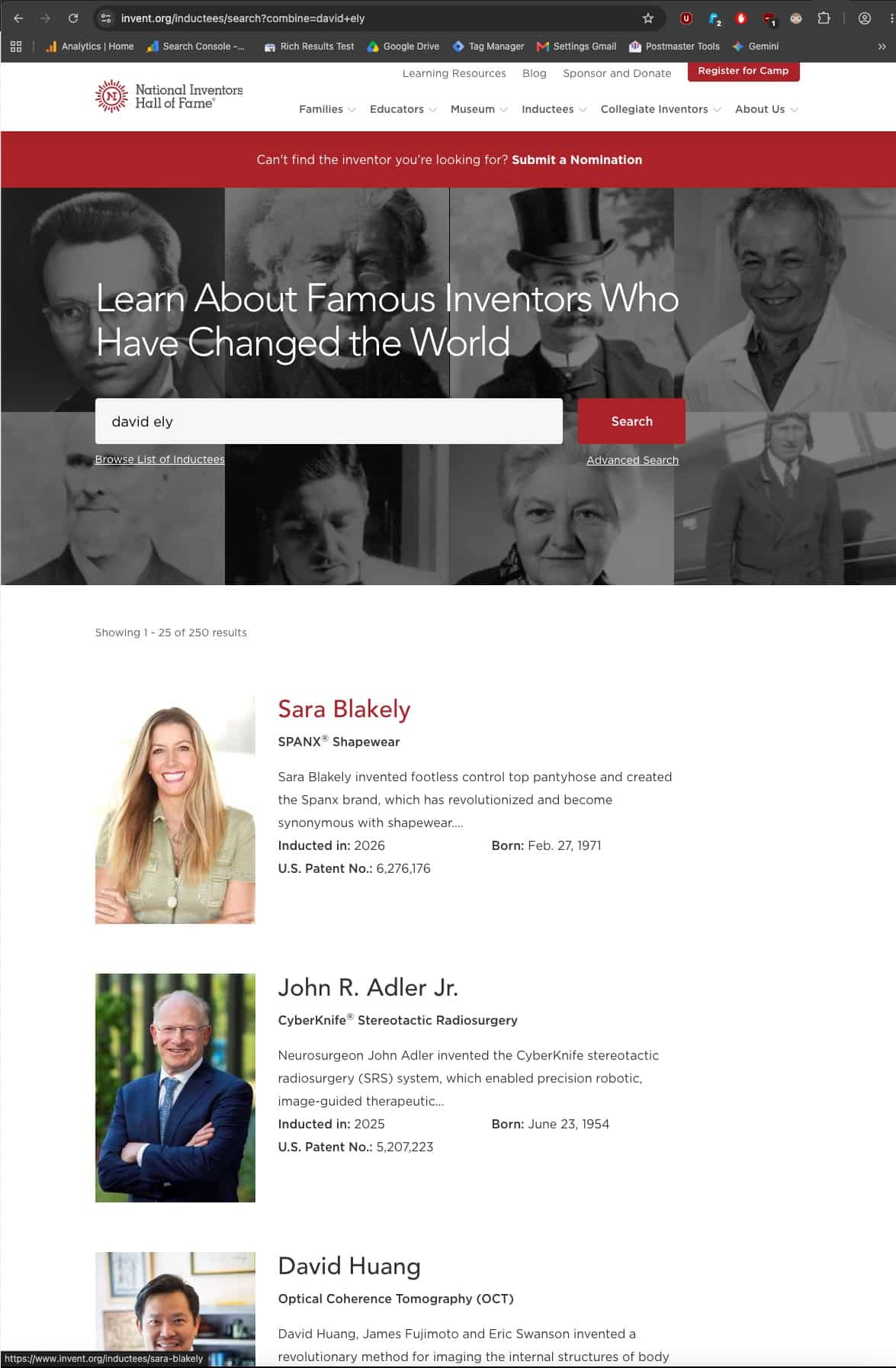 From the National Inventors Hall of Fame inductee search at invent.org, captured September 17, 2026: the search box carries the query david ely, the page reports Showing 1 - 25 of 250 results led by Sara Blakely, and the search returned no result for David K. Ely, the third inventor named on U.S. Patent No. 6,574,628.