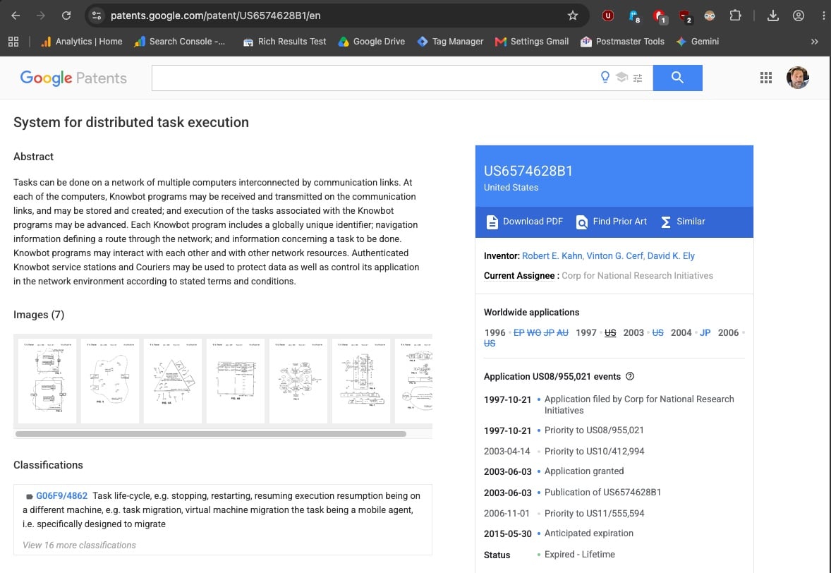 Screenshot of the Google Patents page for U.S. Patent No. 6,574,628, captured September 17, 2026, showing the title System for distributed task execution, the abstract describing Knowbot programs, the inventors Robert E. Kahn, Vinton G. Cerf, and David K. Ely, the assignee Corp for National Research Initiatives, the application filed October 21, 1997, the grant of June 3, 2003, and the status Expired - Lifetime.