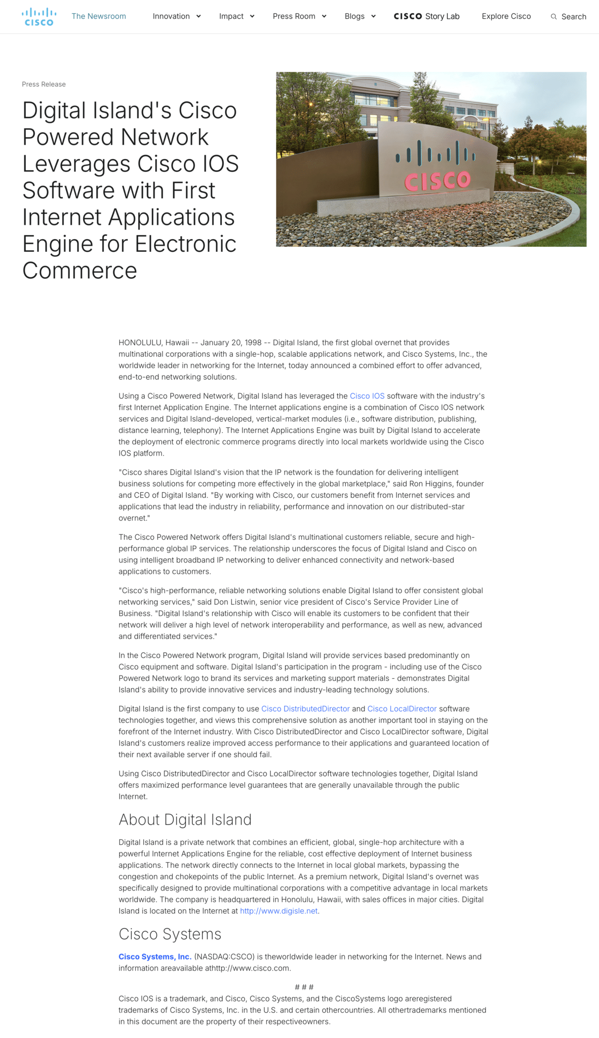 Cisco Newsroom release of January 20, 1998, Digital Island’s Cisco Powered Network Leverages Cisco IOS Software with First Internet Applications Engine for Electronic Commerce, as served at newsroom.cisco.com